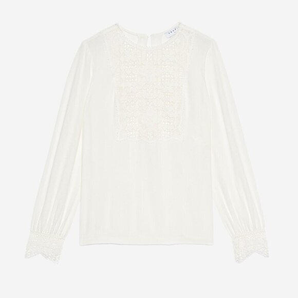 Sandro Paris Casey Lace Crepe Top Blouse Tunic Ecru Creme White Sz 2 - Picture 4 of 10